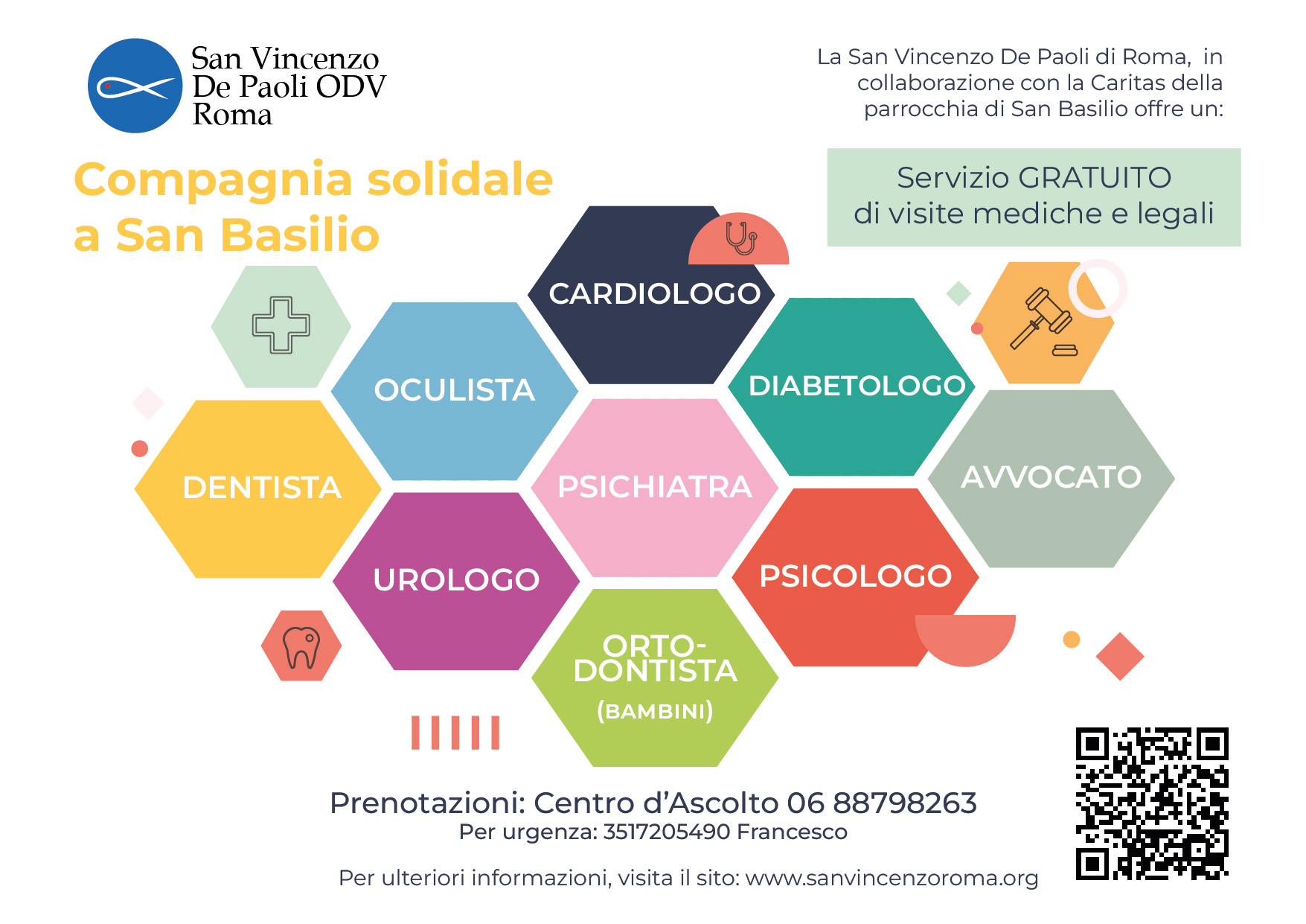 Volantino progetto Compagnia Solidale a San Basilio, fornisce assistenza medica e legale gratuitamente